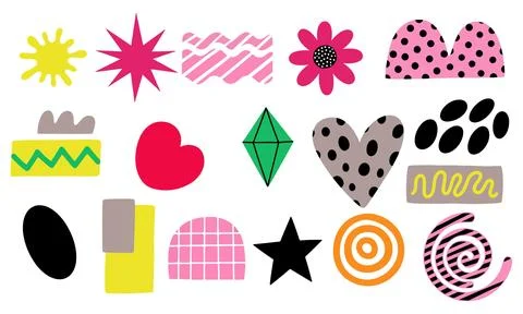 Playful collection of colorful abstract shapes and design elements background Stock Illustration