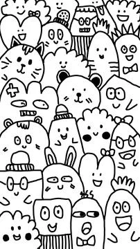 Playful Crowd of Cute Doodle Characters Hand Drawn Stock Illustration