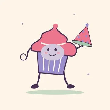 Playful cupcake character with a party hat. Original cheerful food character  Stock Illustration