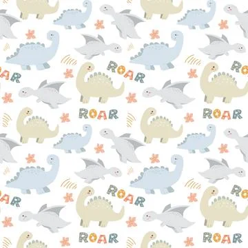 Playful dinosaur pattern with roar text and flowers on black background イラスト素材