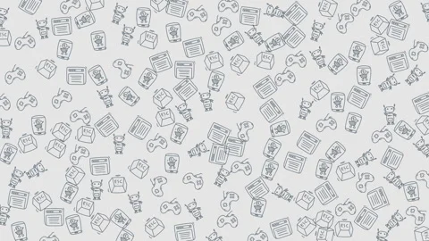 Playful doodle pattern of robots and game controllers on a light background 스톡 동영상 343550485