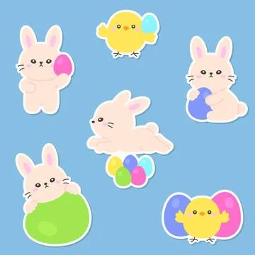 Playful Easter Bunny and Chick Sticker Collection with Colorful Eggs in Cut.. Stock Illustration