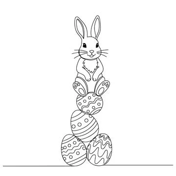 Playful Easter Bunny Balancing Decorated Eggs Line Art Vector Illustrazione stock