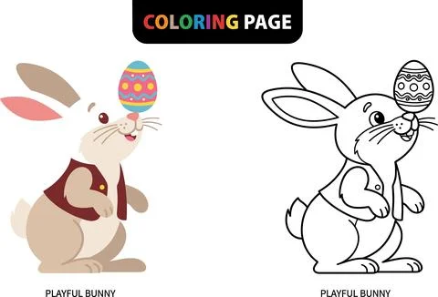 Playful Easter Bunny Coloring Page with Decorated Egg. Illustrazione stock