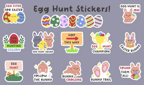 Playful Easter Egg Hunt Sticker Set on Gray Background Illustrazione stock