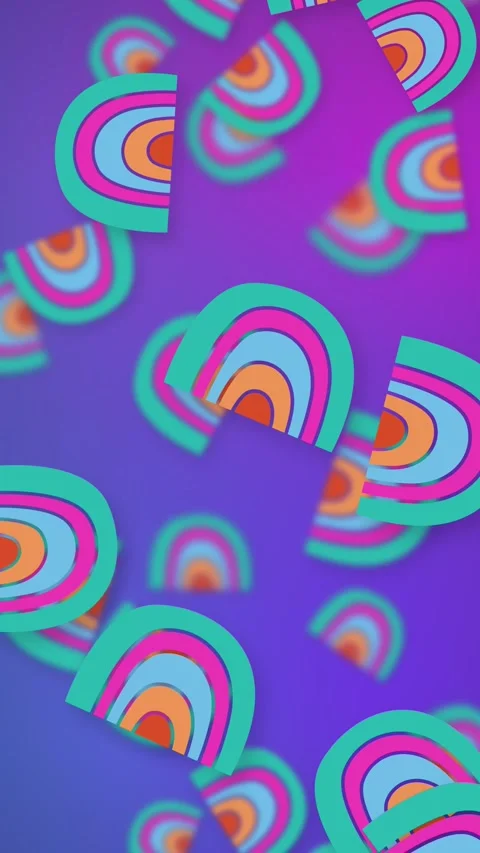 Playful Falling Rainbow Arch Shapes on Purple Mesh Background Stock Footage 345317127