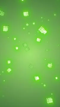 Playful floating green gift-box shapes drifting in a soft glowing green bac.. Stock Illustration