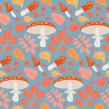 Playful forest-inspired pattern with mushrooms, leaves, and berries in red Stock Illustration