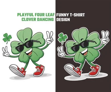 Playful Four Leaf Clover Dancing Funny T-Shirt Design Stock Illustration