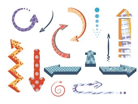Playful funny arrows. Abstract patterned pointers, game cursors, spiral, round イラスト素材