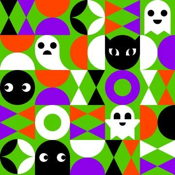 Playful Geometric Halloween Pattern with Ghosts, Black Cats, and Abstract S.. Stock Illustration