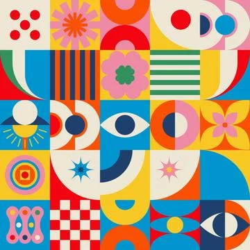 Playful Geometric Mosaic Pattern with Sun and Vase Vector 스톡 일러스트