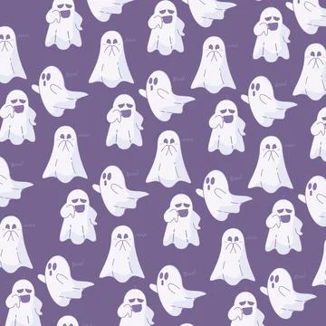Playful ghost pattern with funny expressions and Boo text, Vector Stock Illustration