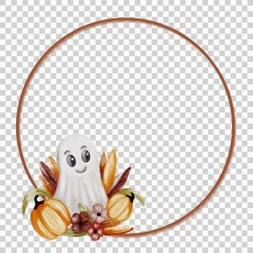 Playful ghost surrounded by pumpkins and flowers in a circular design for H.. Stock Illustration