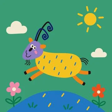 Playful Goat in a Meadow Illustration