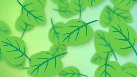 Playful Green Leaves Falling Over a Soft Gradient Mesh Background Stock Footage 344936176