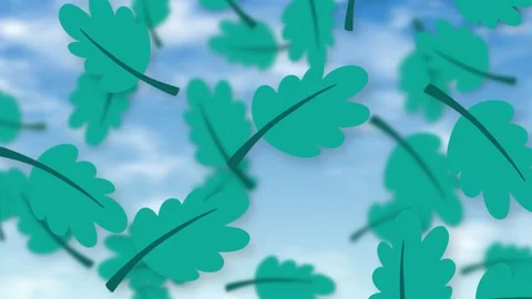 Playful Green Oak Leaves Falling Against a Bright Blue Sky Stock Footage 344846072