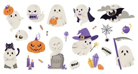 Playful Halloween Ghosts Vector Set in flat design. Spooky Characters with Illustrazione stock