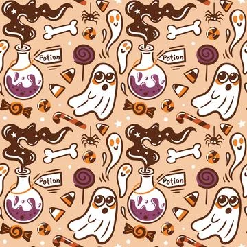 This is a Playful Halloween Pattern featuring Ghosts and an assortment of Candy Illustrazione stock