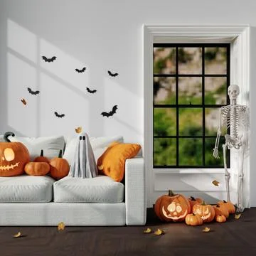 Playful Halloween Sofa Decor with Pumpkins and Skeleton 3D Render Stock Illustration