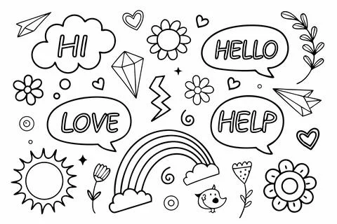 Playful hand drawn doodle pattern with speech bubbles, hearts, nature and symbol Illustrazione stock