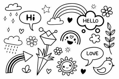 Playful hand-drawn doodle set with clouds, rainbows, hearts, and speech bubbles Stock Illustration