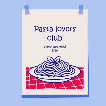 Playful hand drawn poster featuring a plate of pasta on a red checkered Stock Illustration
