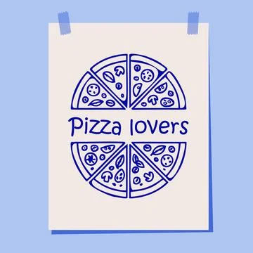 Playful hand drawn poster featuring two round pizzas sliced into eight pieces Stock Illustration