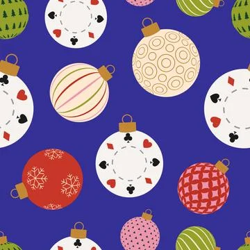 Playful Holiday Baubles Seamless Pattern Featuring Poker Card Suit Symbols .. Stock Illustration