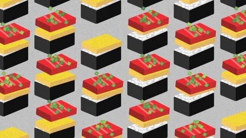 Playful isometric pattern featuring sushi blocks. Ideal for culinary, food art,  Stock Footage 283067141