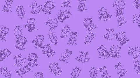 Playful lavender pattern of hand-drawn monkeys, tigers, toucans and seahorses Video stock 318472004