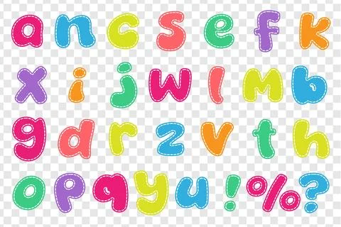 Playful lowercase bubble letters set with dashed stitch effect in bright hues Stock Illustration