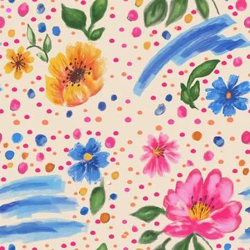 Playful Maximalist Floral Seamless Pattern on Cream Stock Illustration