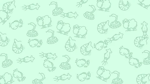Playful mint seamless background with hand-drawn sheep, snakes, fish, shrimp Stock Footage 318471989