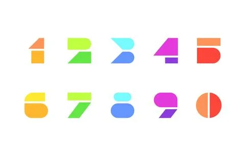 Playful Modular Number Set with Bright Orange Green Cyan and Purple Geometr.. Illustrazione stock