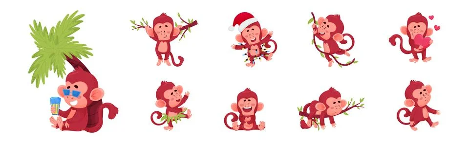 Playful Monkey Character Engaged in Different Activity Vector Set Stock Illustration