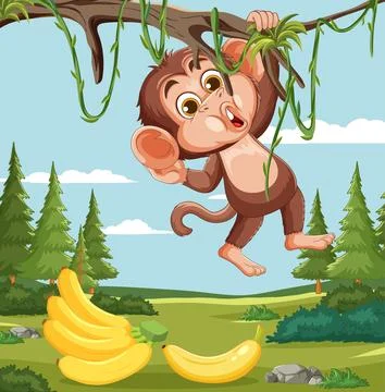 Playful Monkey Hanging From Tree With Bananas Stock Illustration