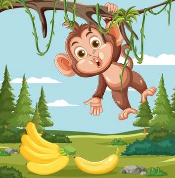 Playful Monkey Hanging From Tree Over Bananas in Forest Stock Illustration