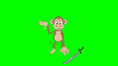 Playful monkey jumps with sword on green screen scene Stock Footage 289212910