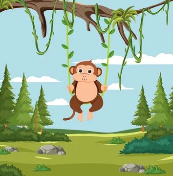 Playful Monkey Swinging in the Forest Stock Illustration