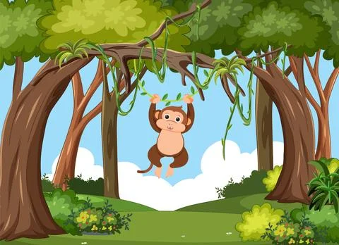 Playful Monkey Swinging in Forest Stock Illustration