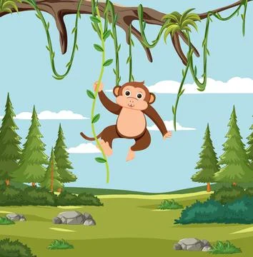 Playful Monkey Swinging in the Jungle Stock Illustration