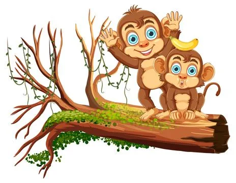 Playful Monkeys on Tree Branch Illustrazione stock
