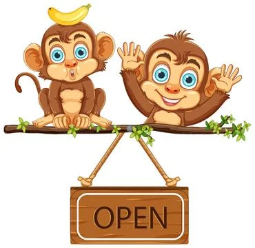 Playful Monkeys on Tree Branch with Open Sign Illustrazione stock