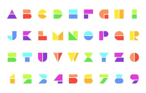 Playful Multicolor Modular Grid Alphabet and Number Set with Bright Geometr.. Illustrazione stock