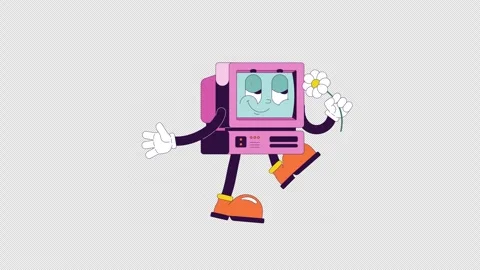 Playful old computer walking with daisy groovy retro character animation Stock Footage 332332702