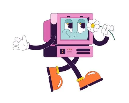 Playful old computer walking with daisy groovy retro character イラスト素材
