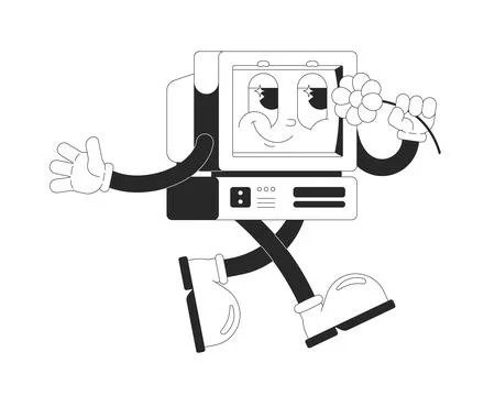 Playful old computer walking with daisy outline groovy mascot character イラスト素材