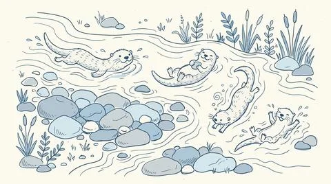Playful otters swimming and diving in river water with smooth stones and reed Stock Illustration