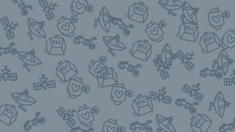 Playful pattern of doodled objects including satellites, milk cartons, and .. Stock Footage 319586688